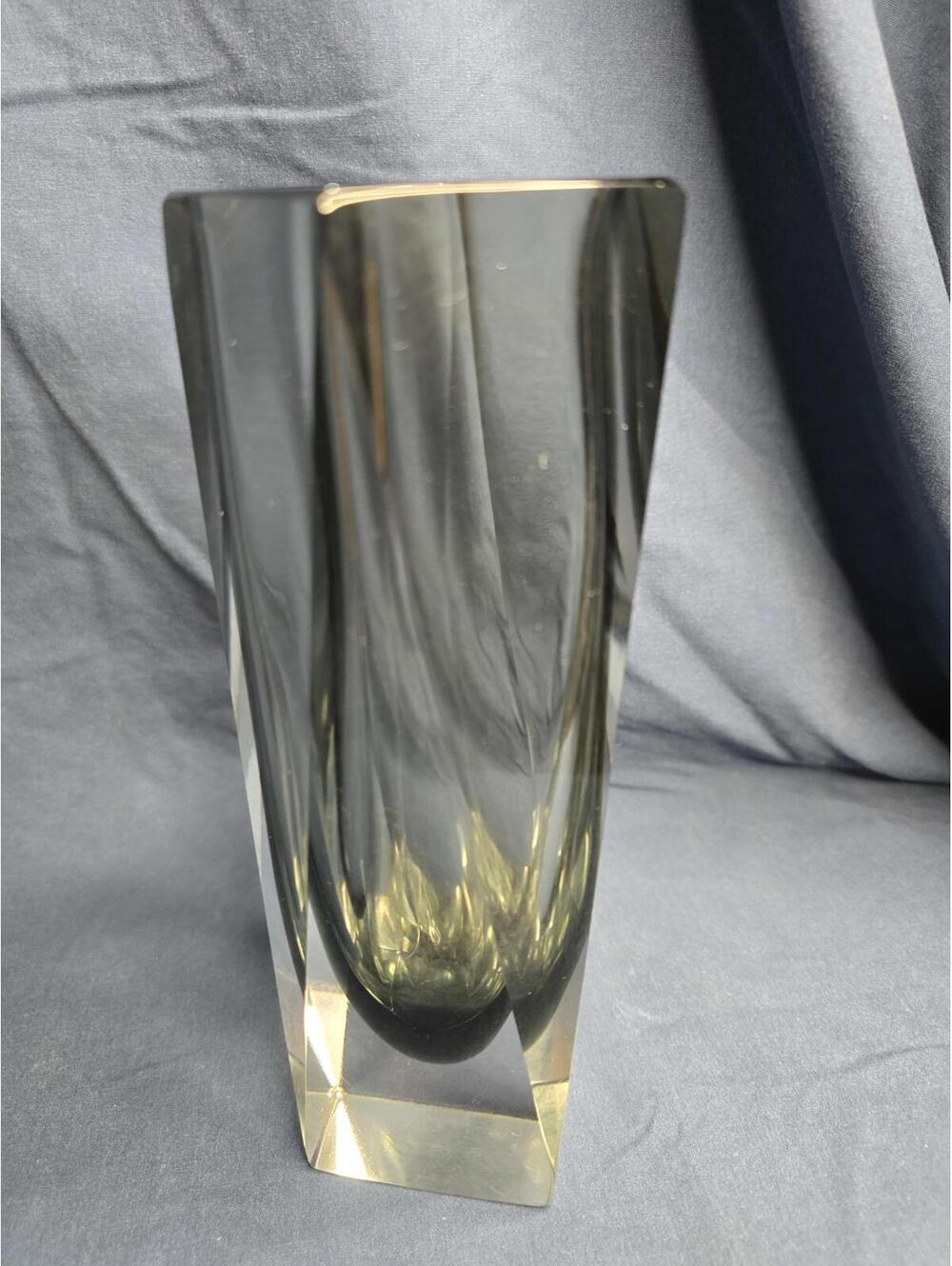 Vintage 1960s Italian Murano 8.25” Smoke Gray Faceted Art Glass Vase Heavy